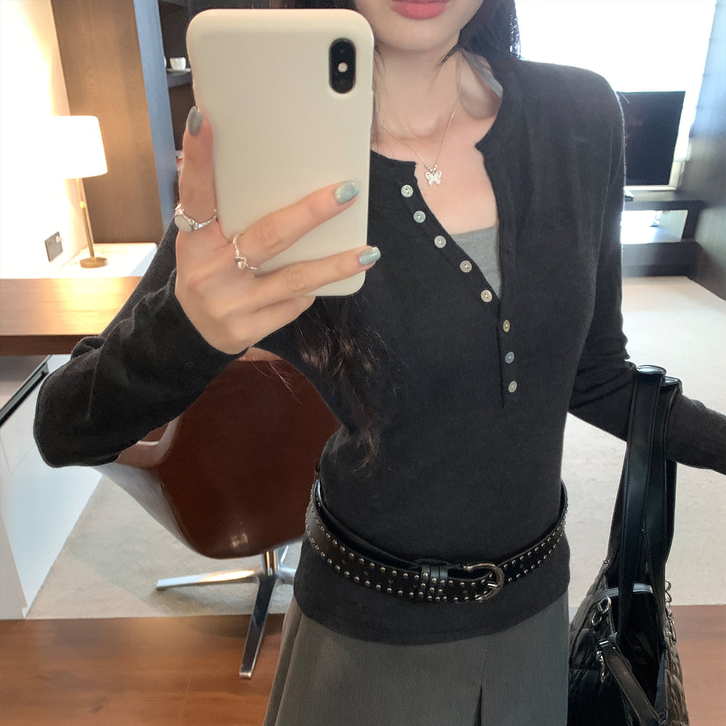 Henry Neck Long Sleeve Inner Layer Women's T-Shirt, Slim Fit, Charming Half-Open Collar Top